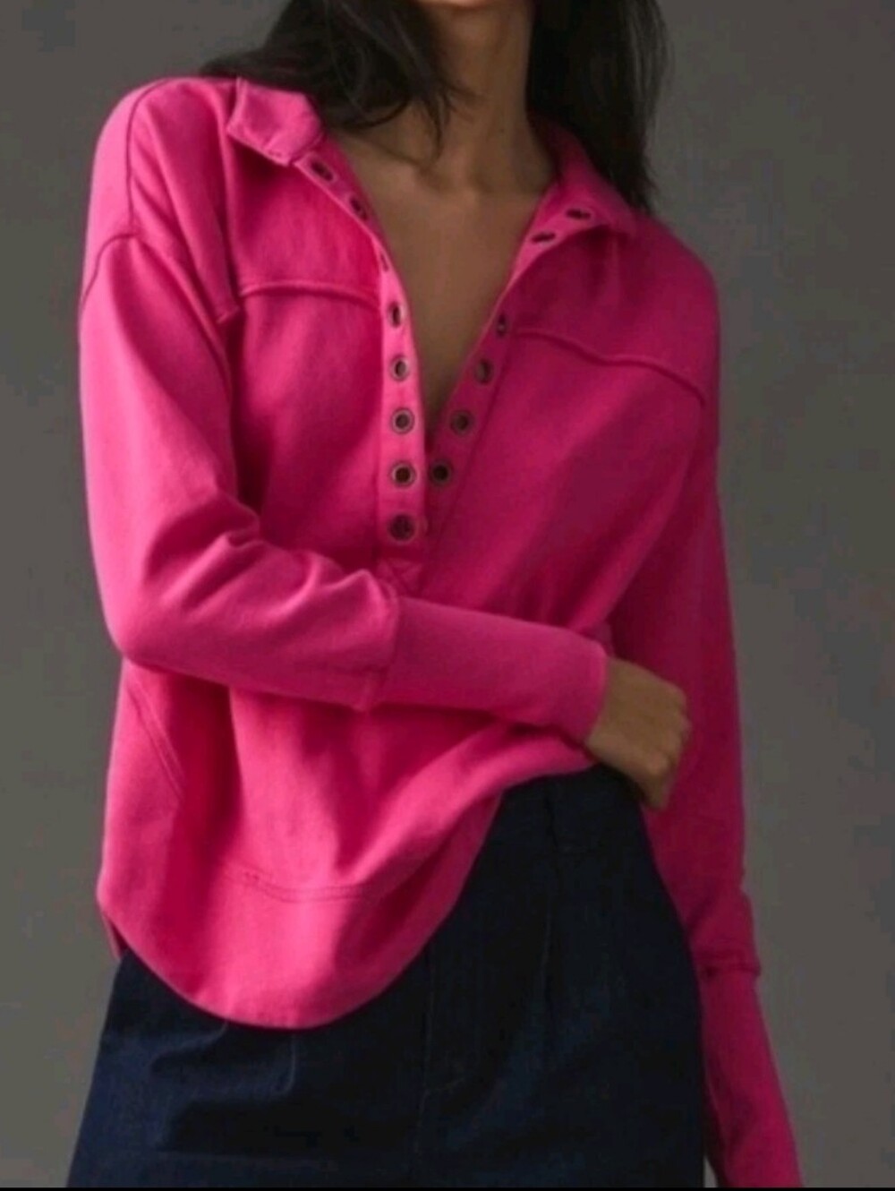 Anthropologie Pilcro Hot Pink Grommet Pullover V-Neck Cotton Lightweight Sweater